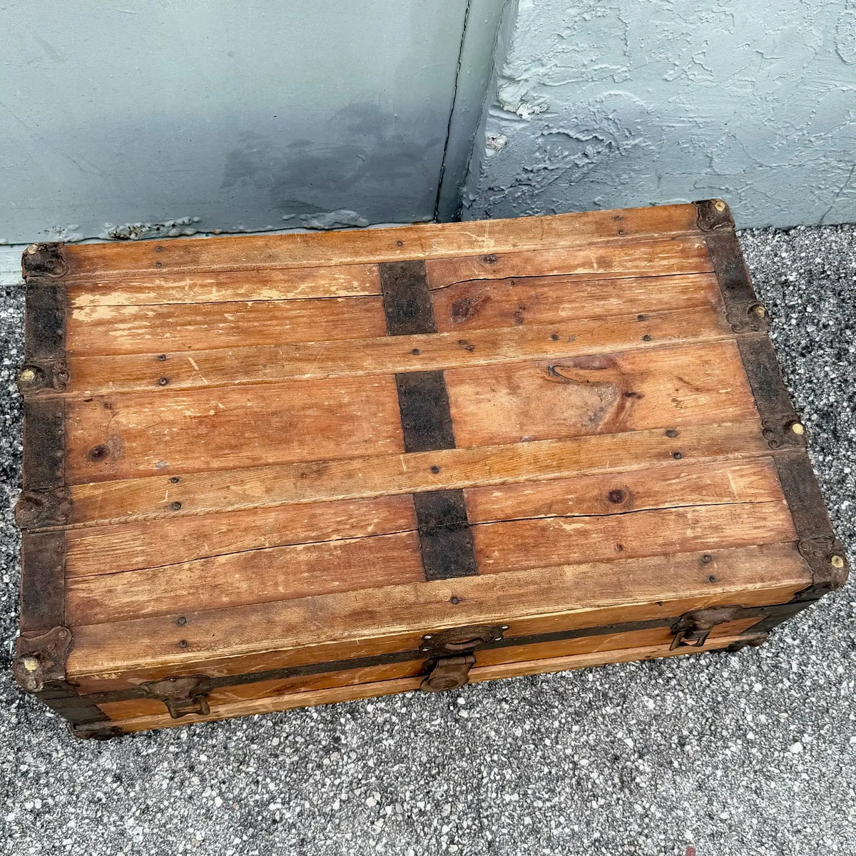 Antique Flat Top Wooden Trunk Dolphin & Flamingo