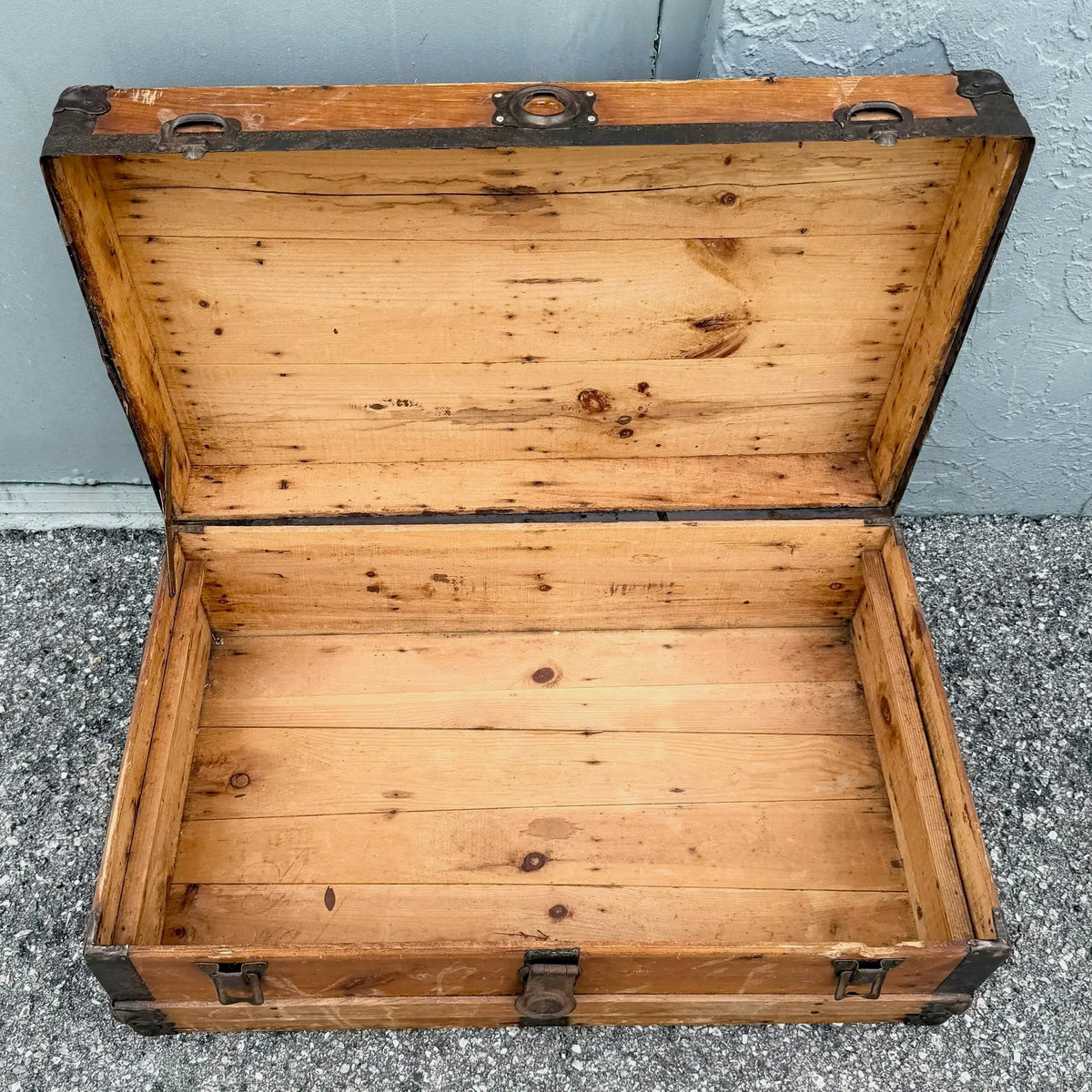 Antique Flat Top Wooden Trunk Dolphin & Flamingo