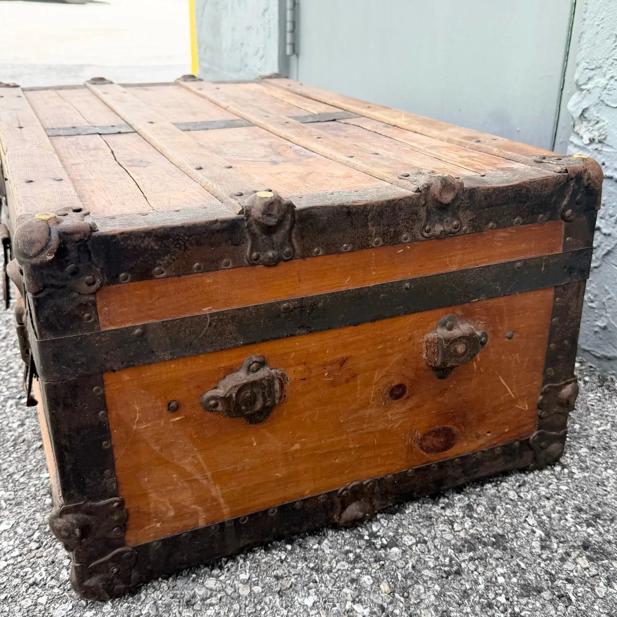 Antique Flat Top Wooden Trunk Dolphin & Flamingo