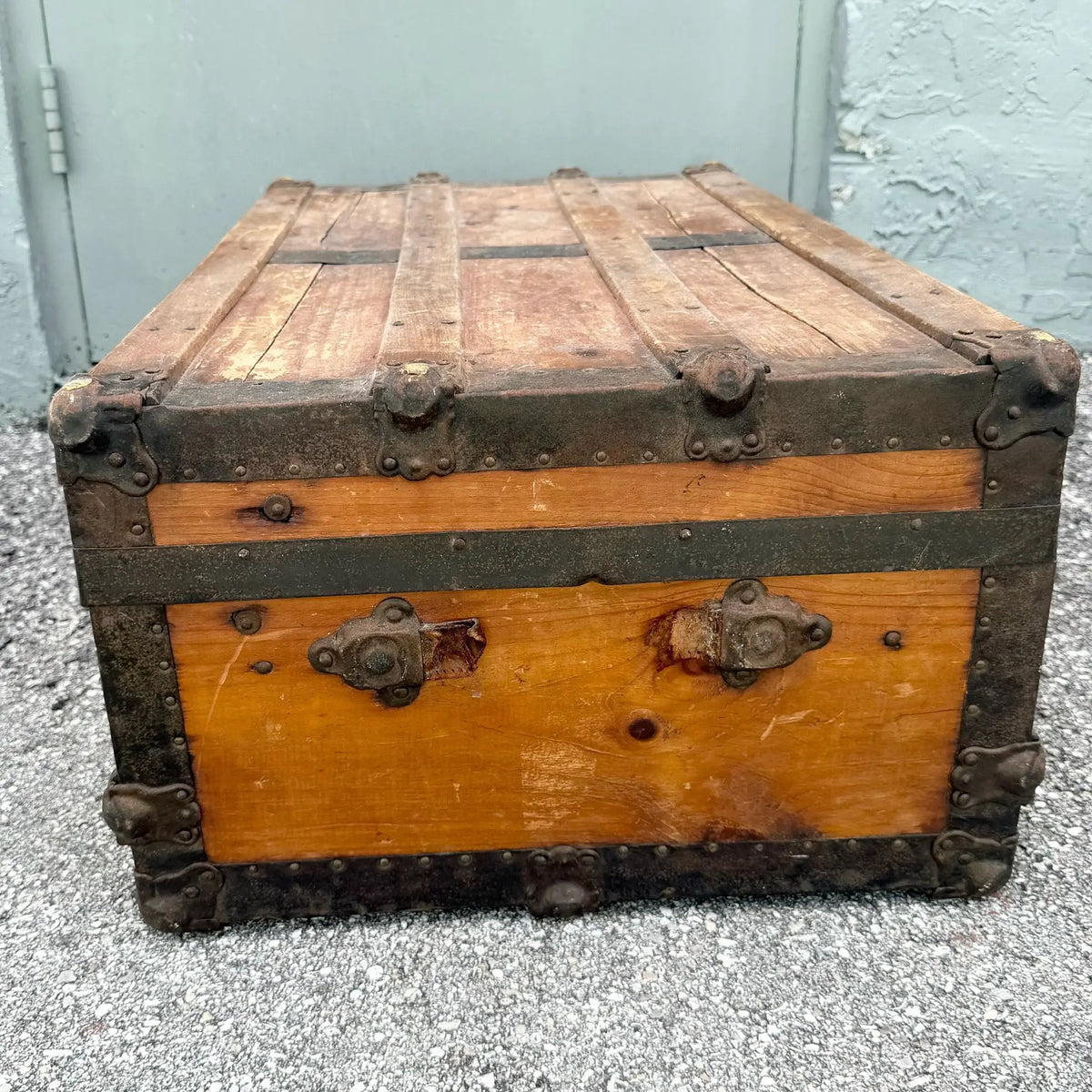 Antique Flat Top Wooden Trunk Dolphin & Flamingo