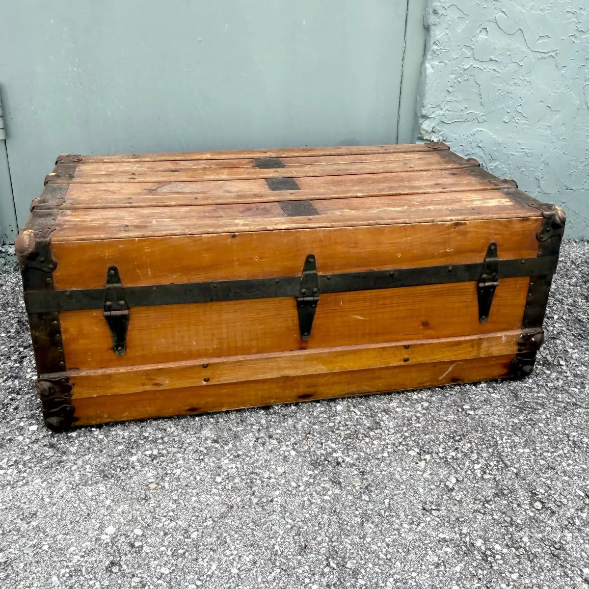 Antique Flat Top Wooden Trunk Dolphin & Flamingo