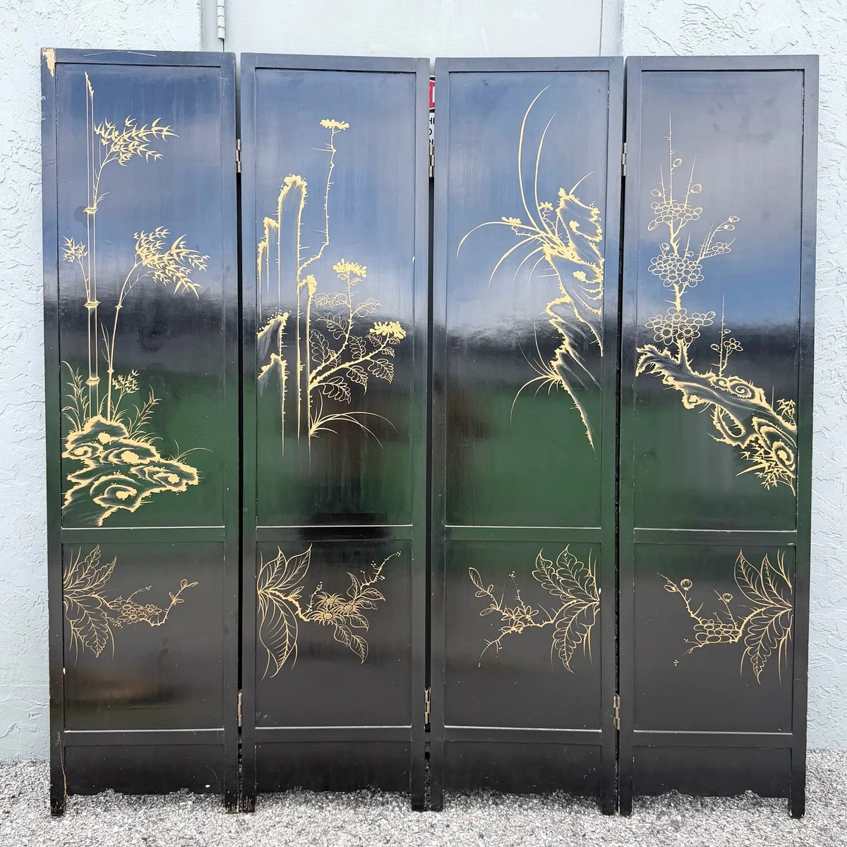 Chinese Hand Painted and Mother of Pearl Room Divider Screen - 4 Panels Dolphin & Flamingo