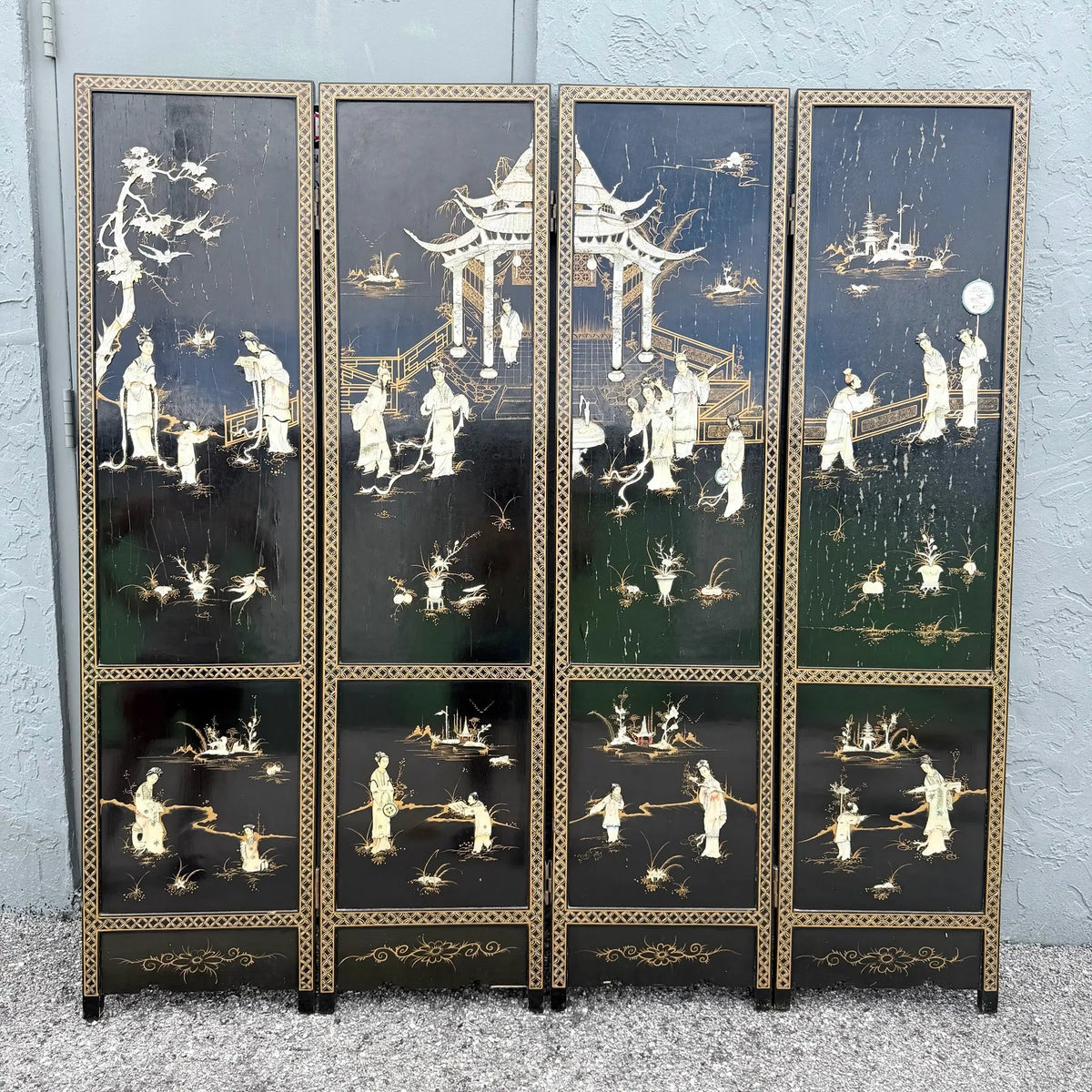 Chinese Hand Painted and Mother of Pearl Room Divider Screen - 4 Panels Dolphin & Flamingo