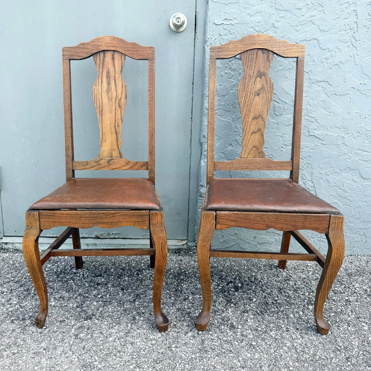 Antique Oak Dining Chairs - A Pair Dolphin & Flamingo