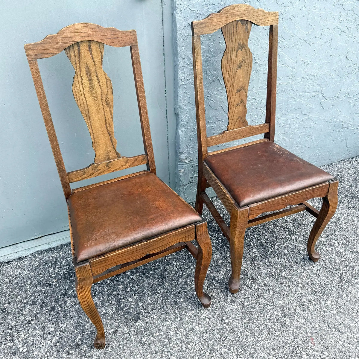Antique Oak Dining Chairs - A Pair Dolphin & Flamingo