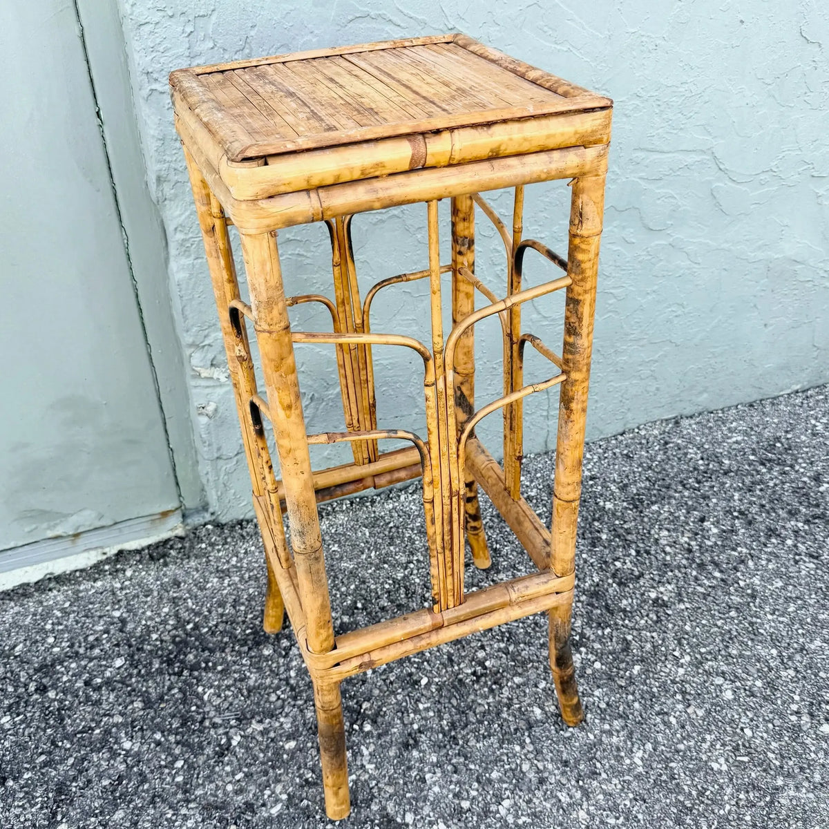 Vintage Burnt Tortoise Bamboo Plant Stand / Pedestal Dolphin & Flamingo