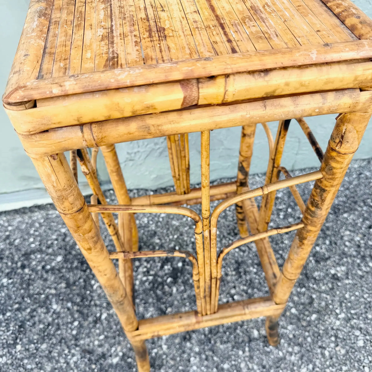 Vintage Burnt Tortoise Bamboo Plant Stand / Pedestal Dolphin & Flamingo