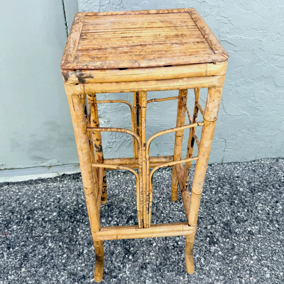 Vintage Burnt Tortoise Bamboo Plant Stand / Pedestal Dolphin & Flamingo