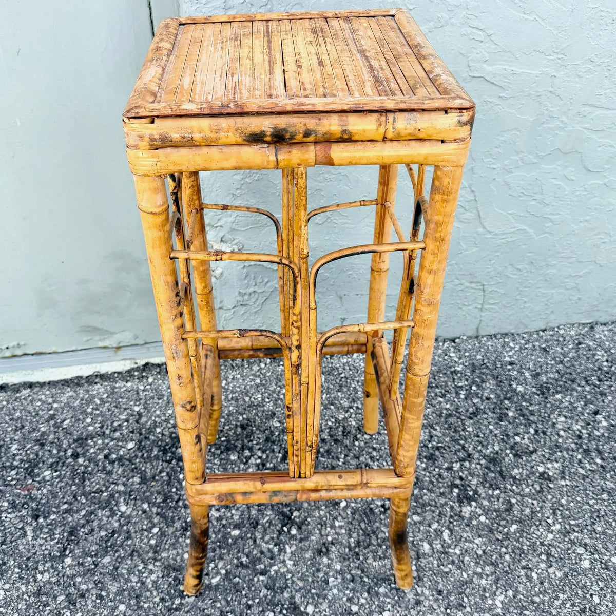 Vintage Burnt Tortoise Bamboo Plant Stand / Pedestal Dolphin & Flamingo