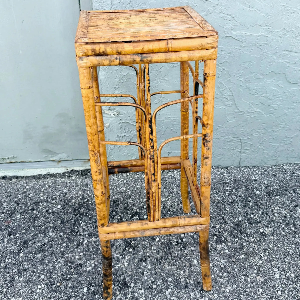 Vintage Burnt Tortoise Bamboo Plant Stand / Pedestal Dolphin & Flamingo