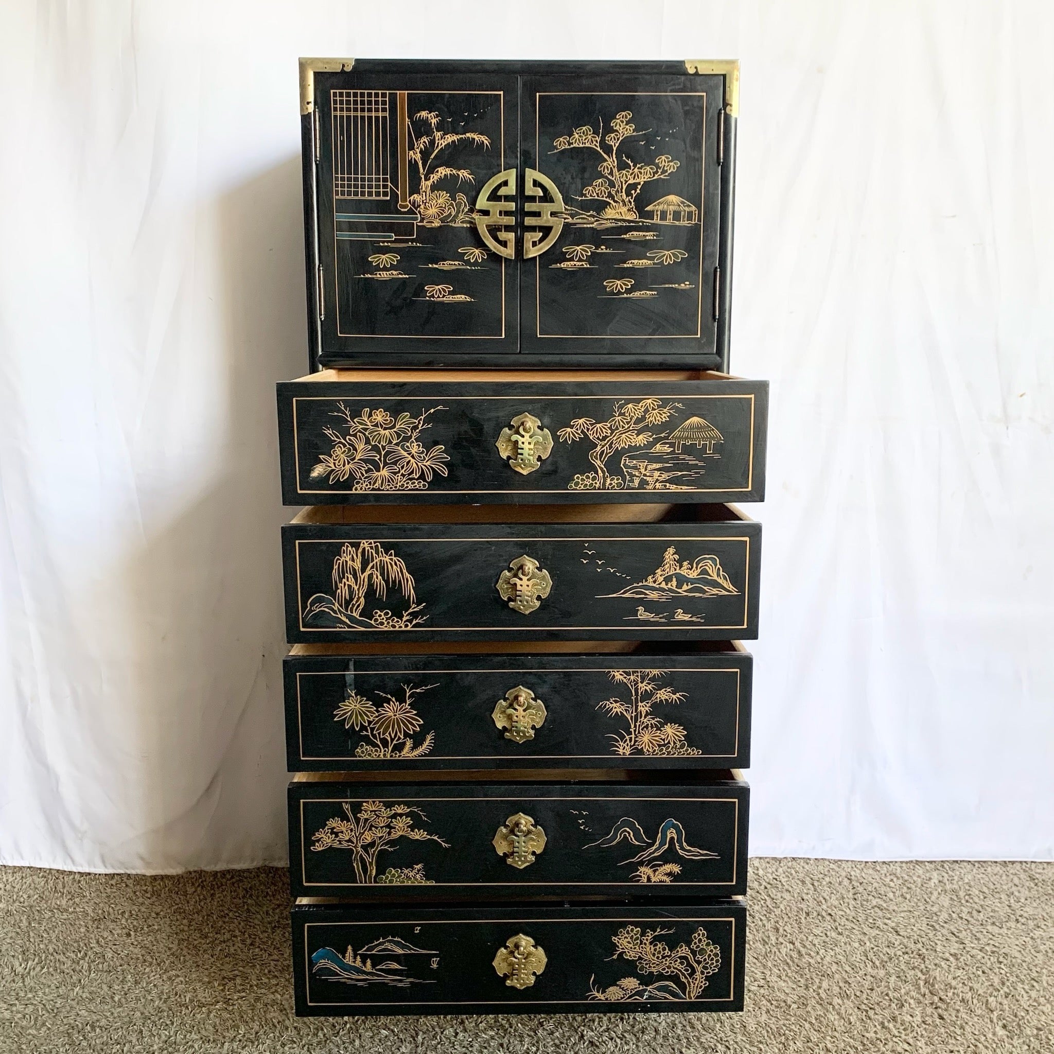 Vintage Chinese Hand Painted Black Lingerie Chest/Highboy With Gold Accents