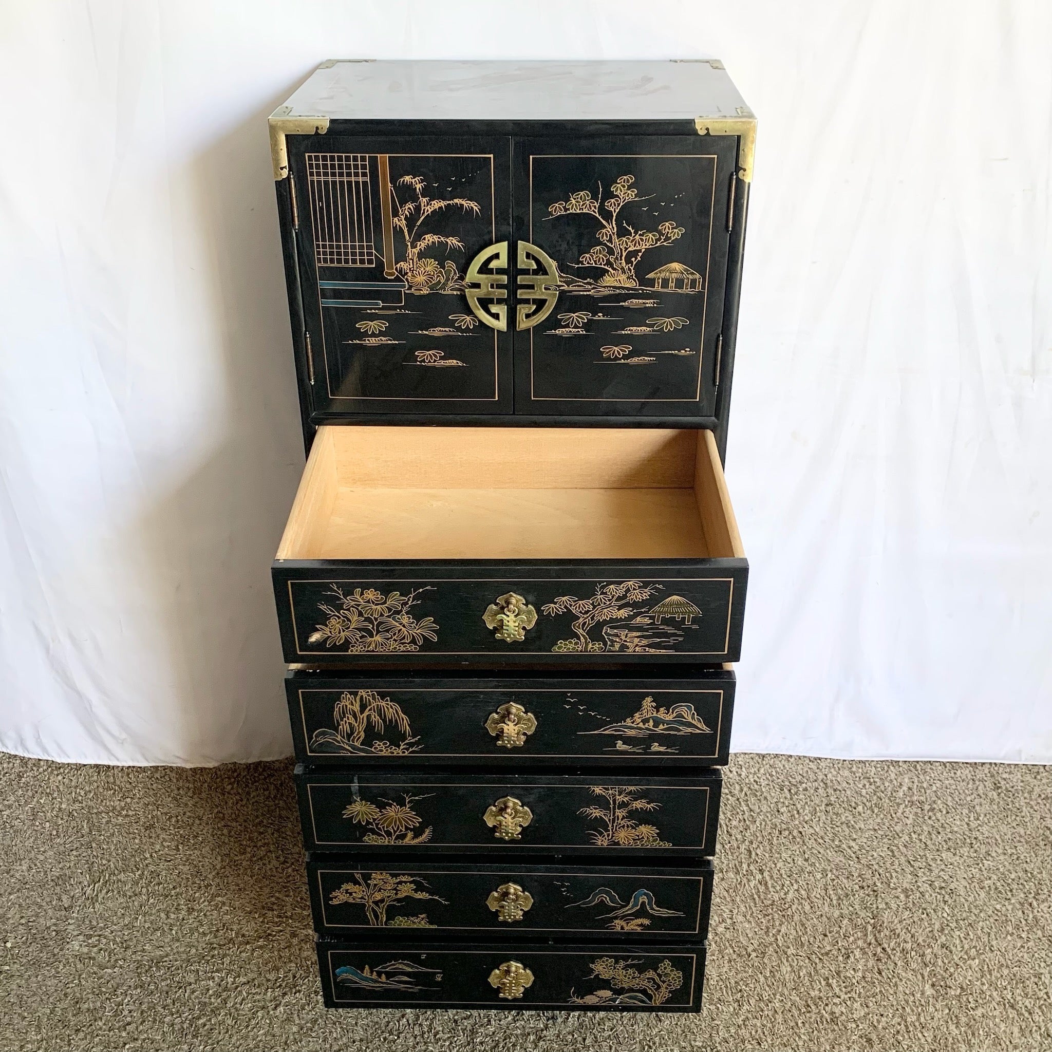 Vintage Chinese Hand Painted Black Lingerie Chest/Highboy With Gold Accents