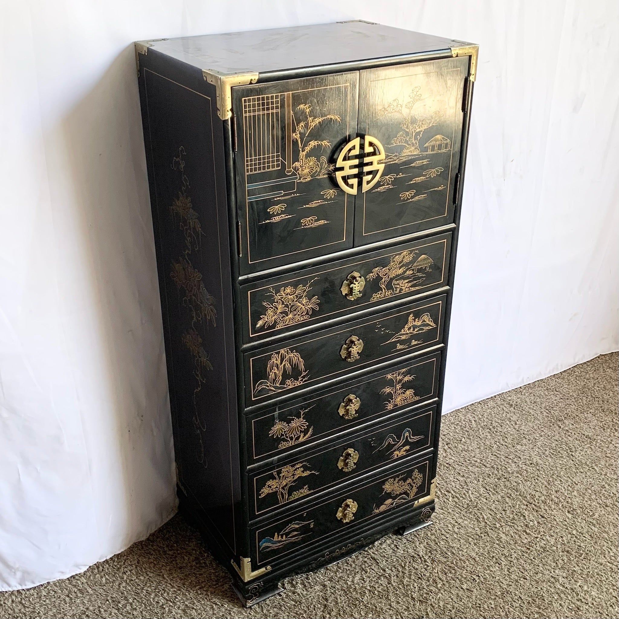 Vintage Chinese Hand Painted Black Lingerie Chest/Highboy With Gold Accents