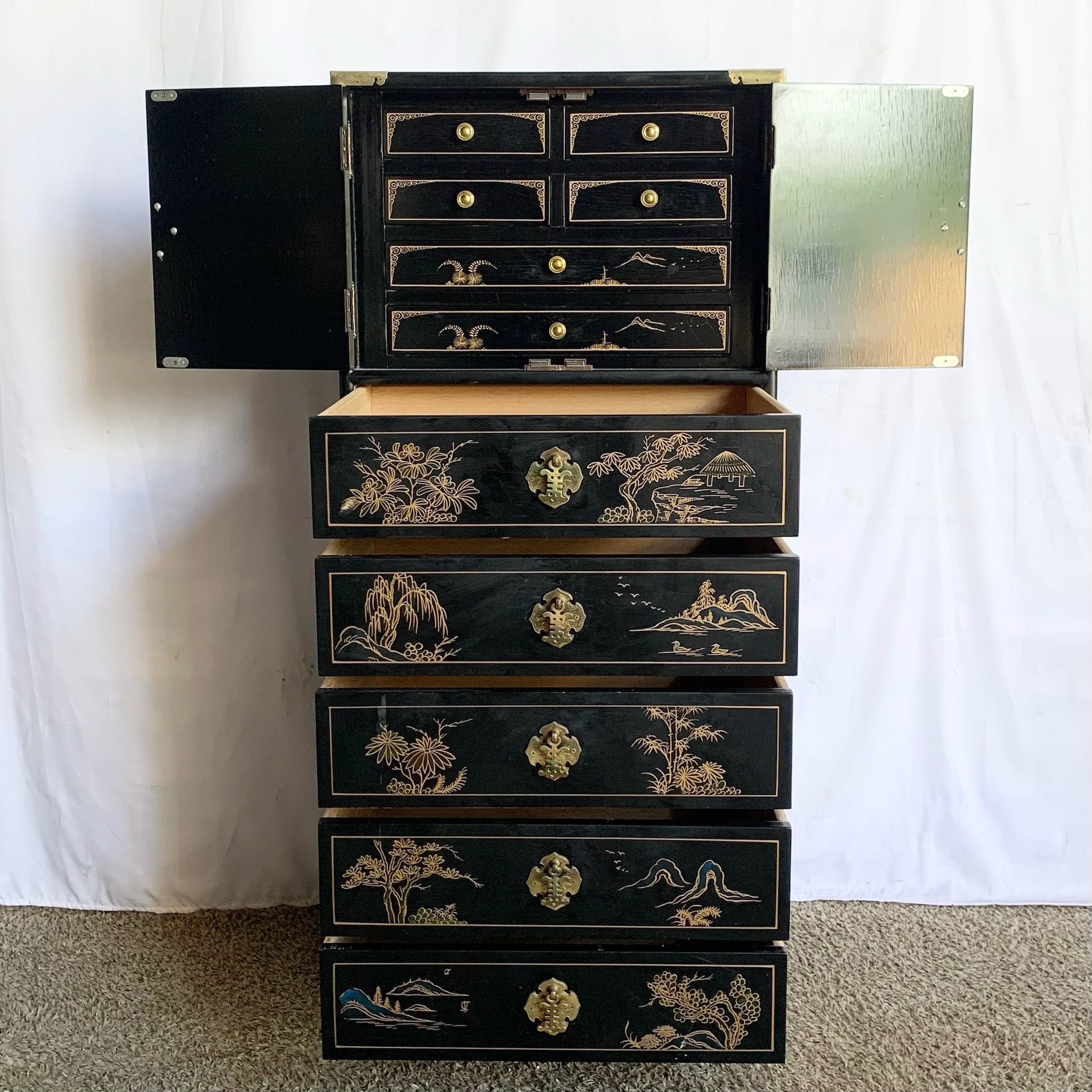 Vintage Chinese Hand Painted Black Lingerie Chest/Highboy With Gold Accents
