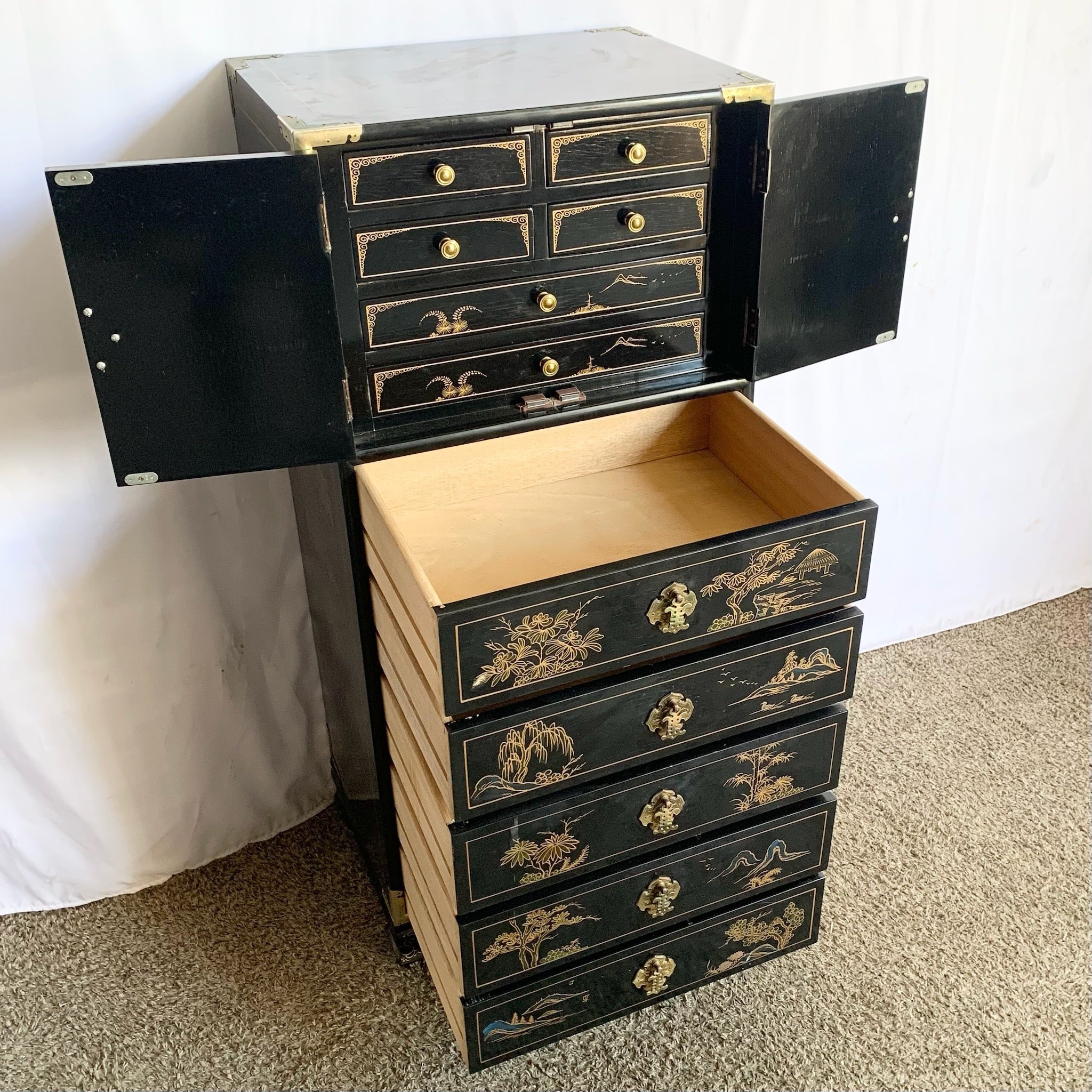 Vintage Chinese Hand Painted Black Lingerie Chest/Highboy With Gold Accents