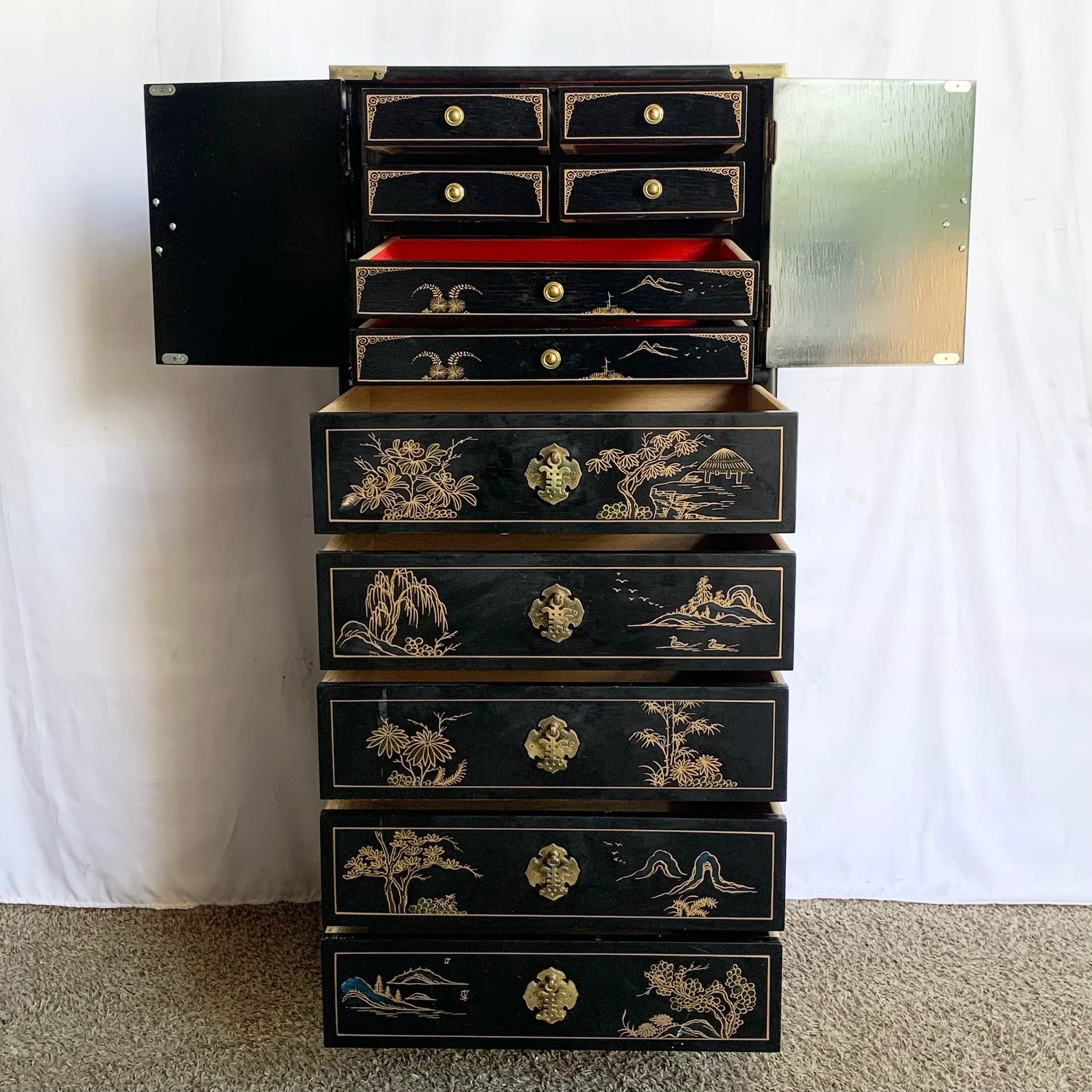 Vintage Chinese Hand Painted Black Lingerie Chest/Highboy With Gold Accents