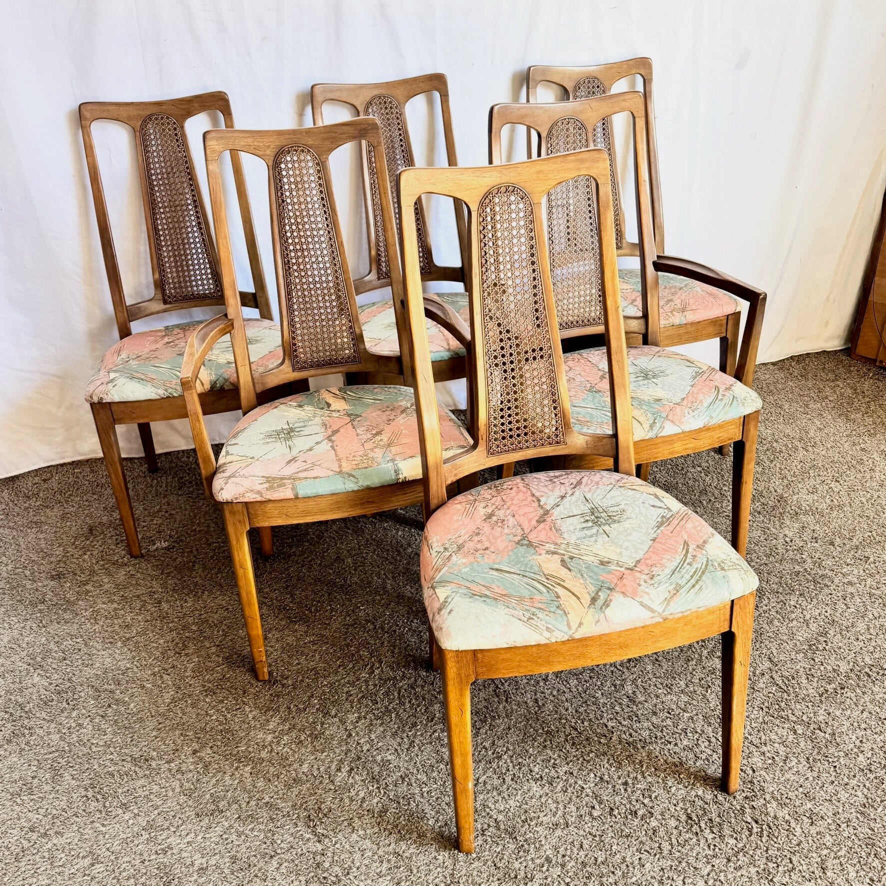Mid Century Modern Walnut Cane Back Dining Chairs - Set of 6
