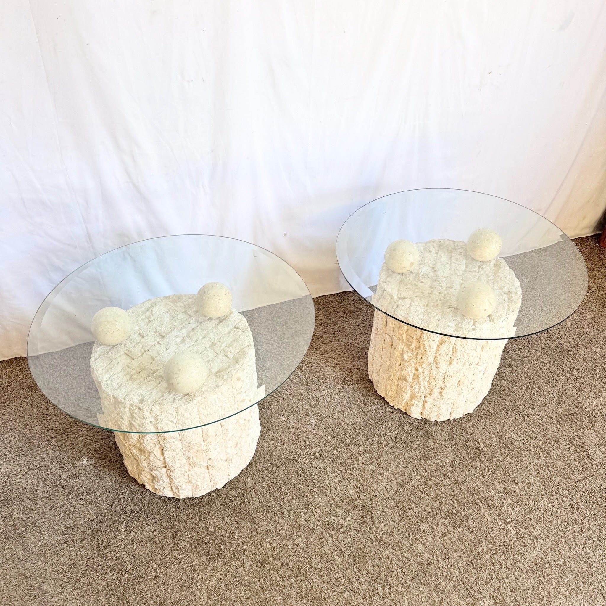 Postmodern Circular Tessellated Stone Glass Top Side Tables - A Pair