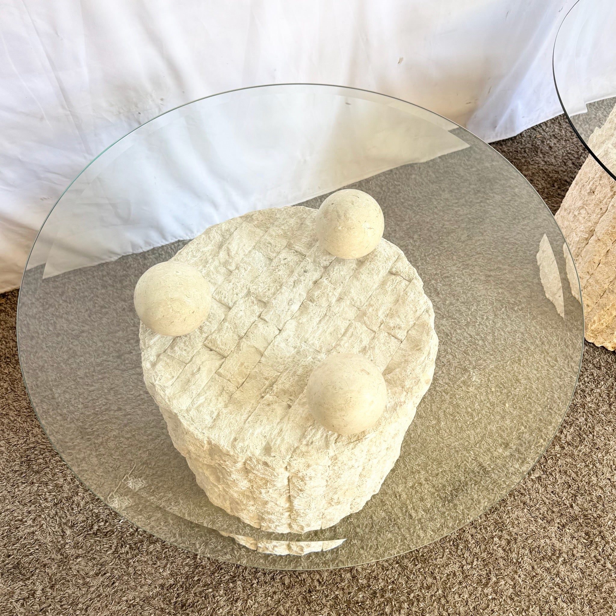 Postmodern Circular Tessellated Stone Glass Top Side Tables - A Pair