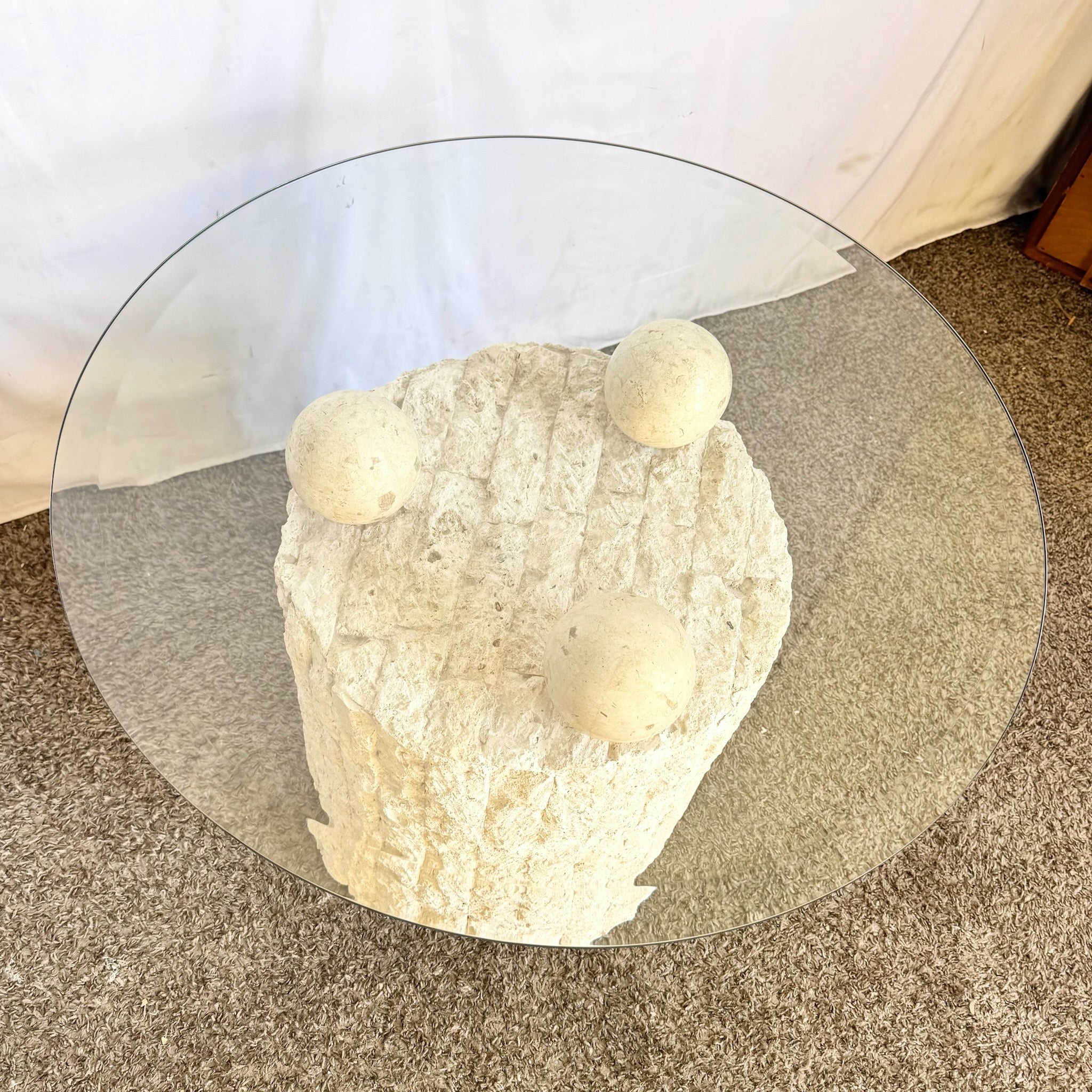 Postmodern Circular Tessellated Stone Glass Top Side Tables - A Pair