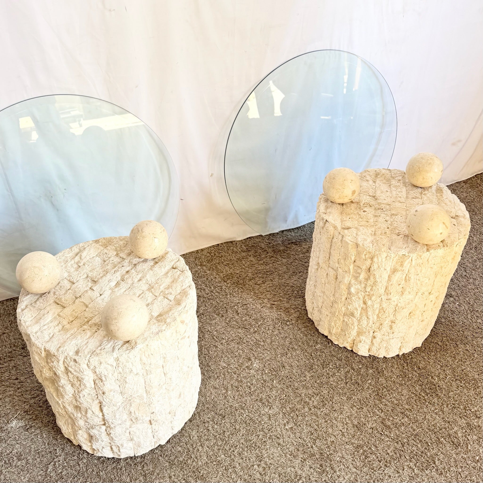 Postmodern Circular Tessellated Stone Glass Top Side Tables - A Pair