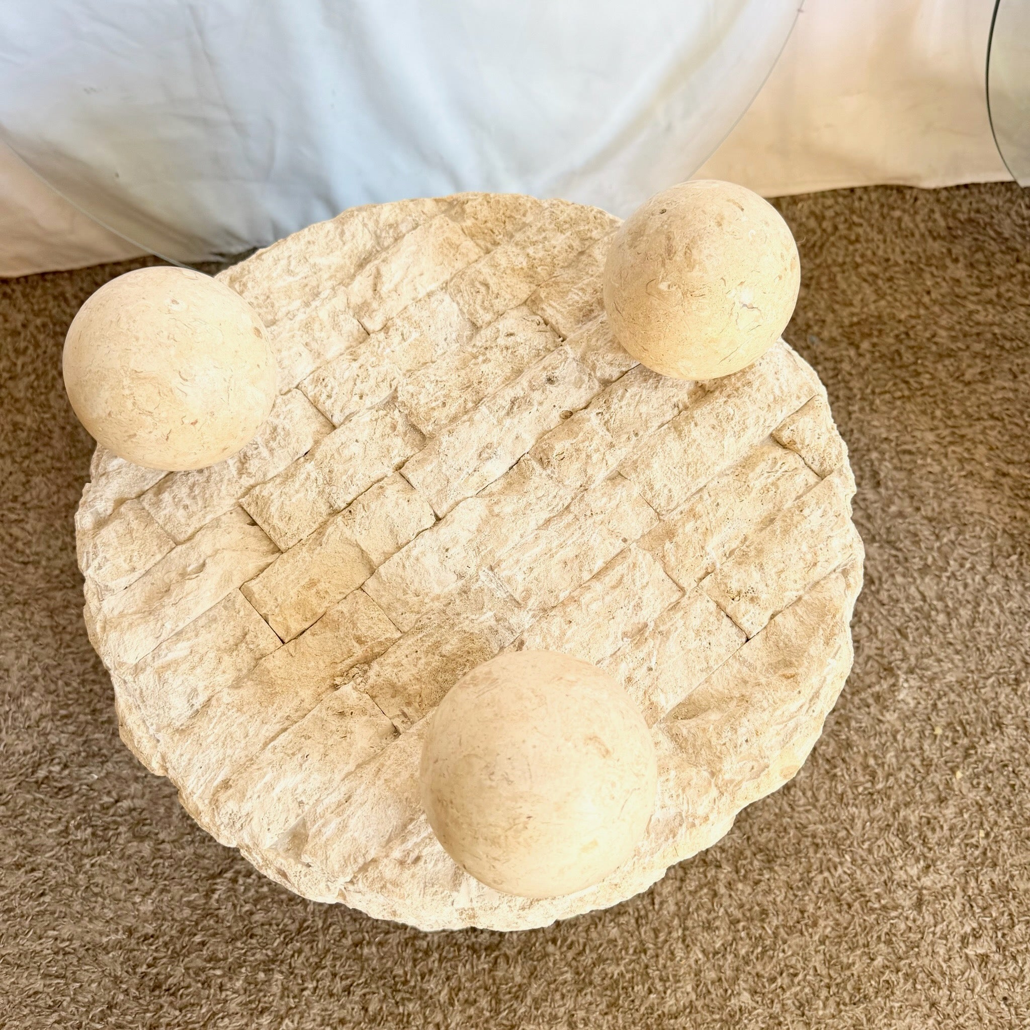 Postmodern Circular Tessellated Stone Glass Top Side Tables - A Pair