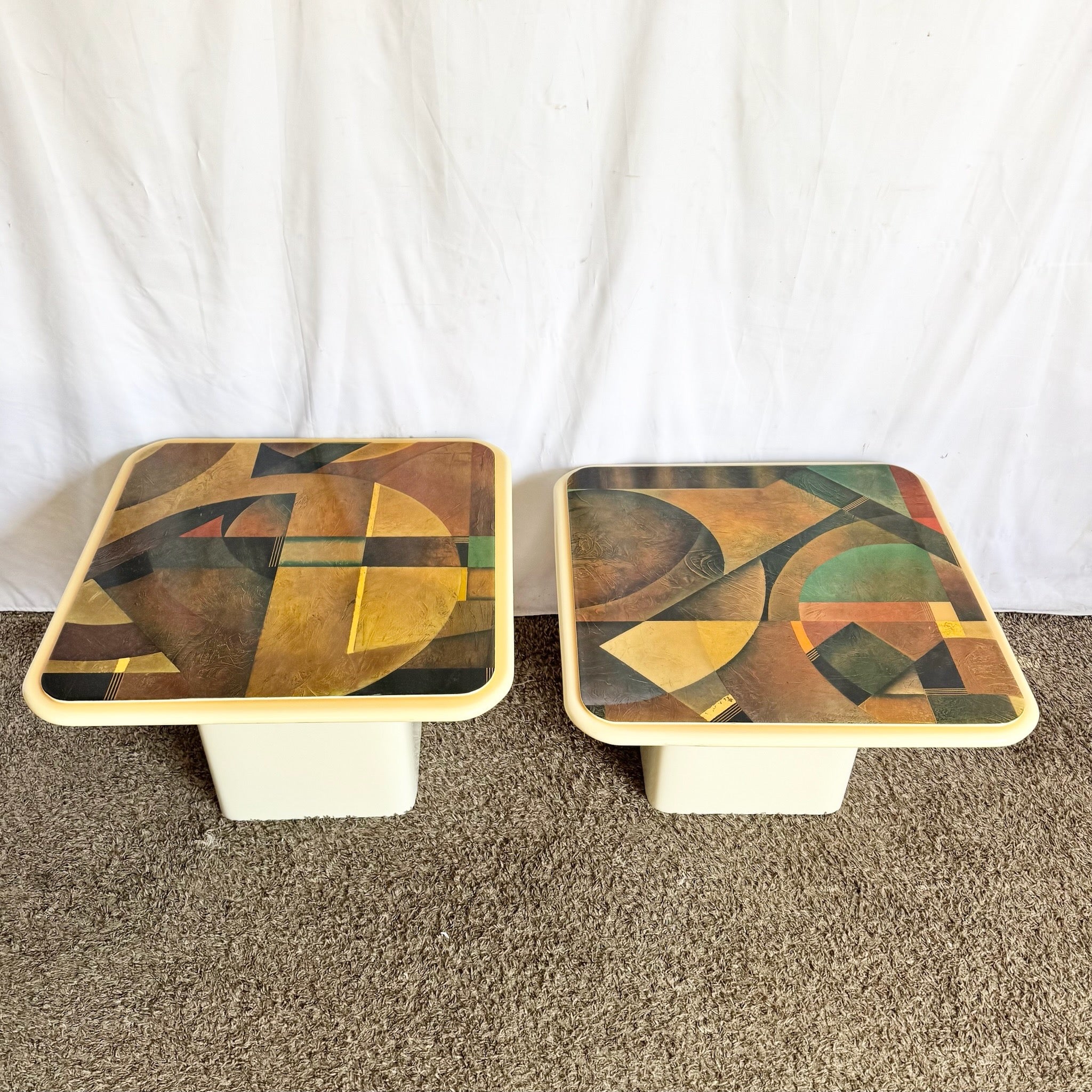 Art Deco Epoxy Top Abstract Square Nesting Tables - Set of 2