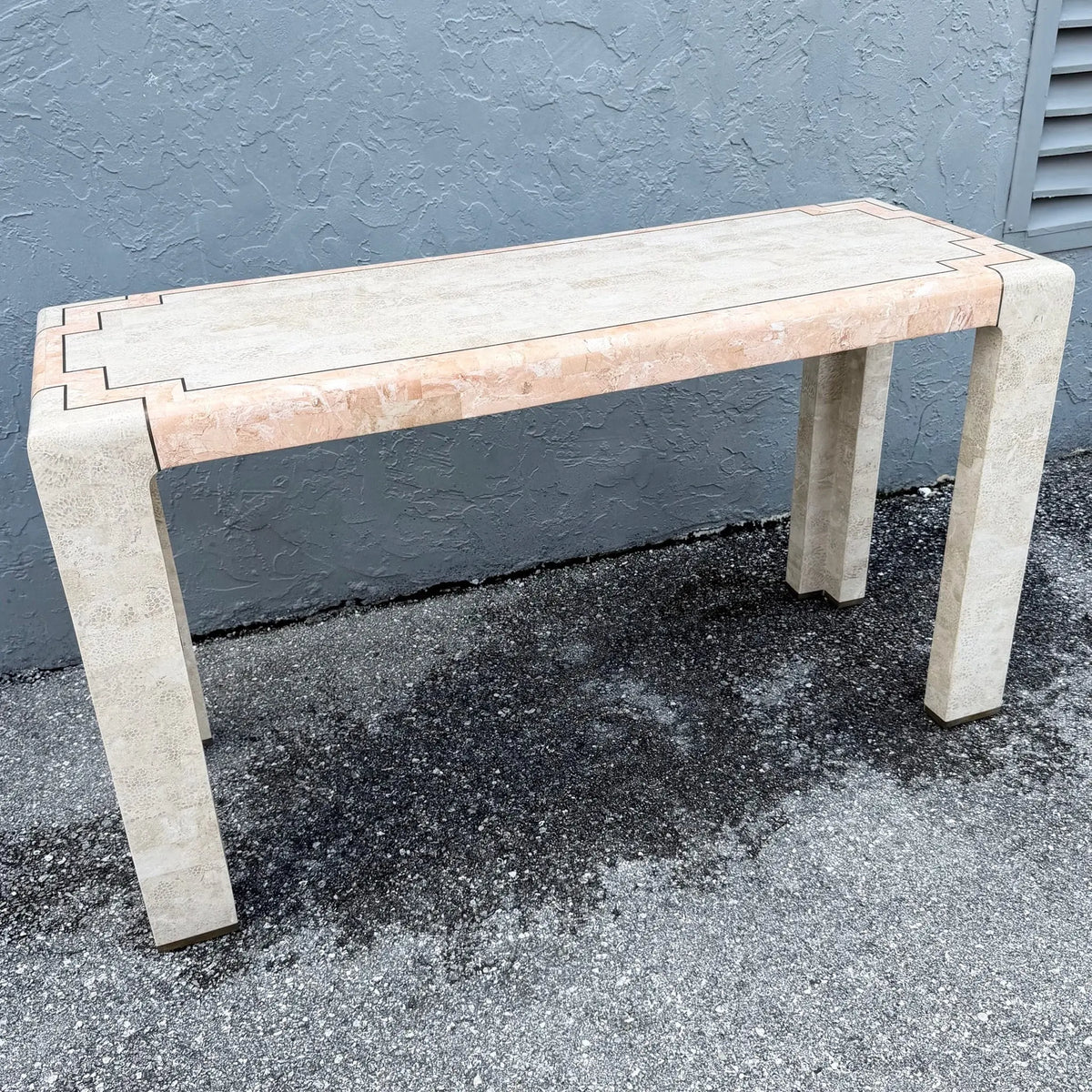 Postmodern Polished Tessellated Stone Console Table With Brass Inlay Dolphin & Flamingo
