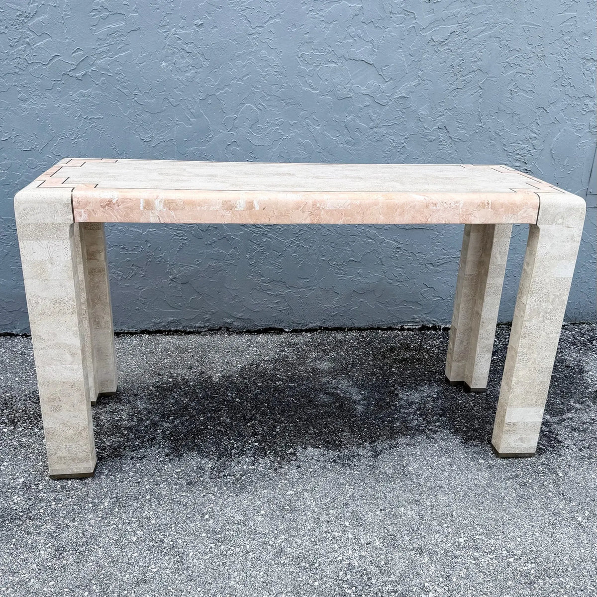 Postmodern Polished Tessellated Stone Console Table With Brass Inlay Dolphin & Flamingo
