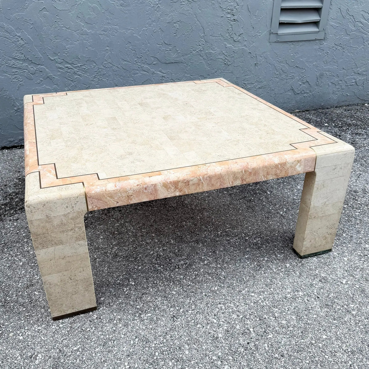 Postmodern Tessellated Stone Coffee Table With Brass Inlay Dolphin & Flamingo