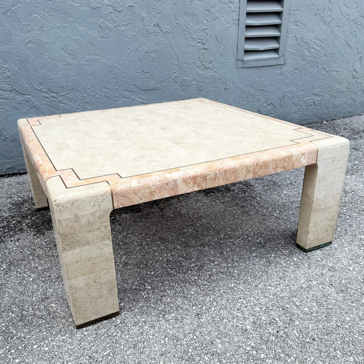 Postmodern Tessellated Stone Coffee Table With Brass Inlay Dolphin & Flamingo