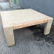 Postmodern Tessellated Stone Coffee Table with Brass Inlay Dolphin & Flamingo