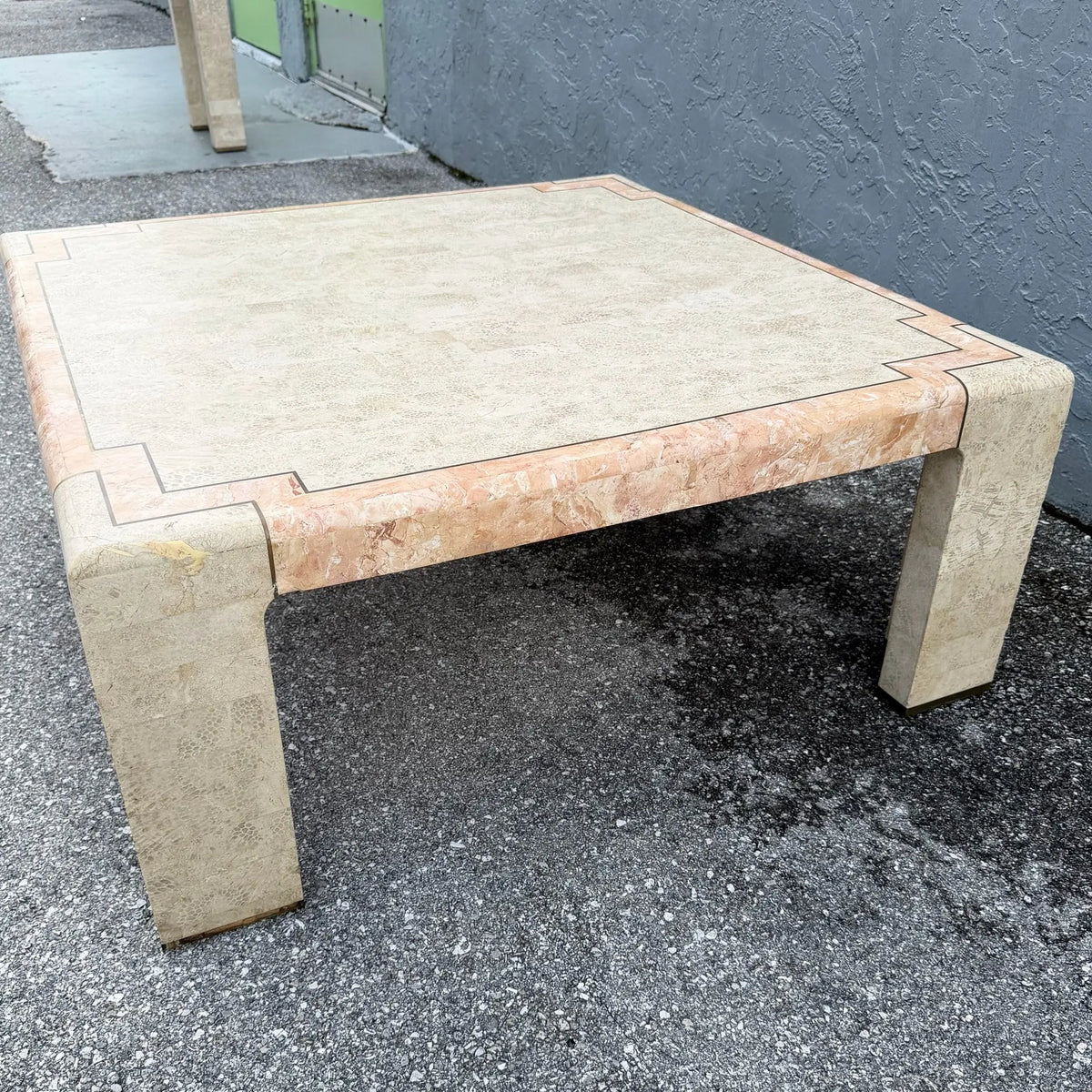 Postmodern Tessellated Stone Coffee Table with Brass Inlay Dolphin & Flamingo