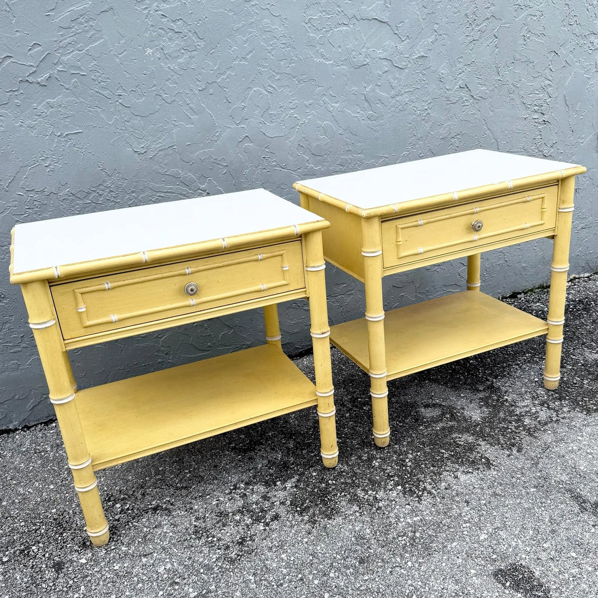 Pair of Faux Bamboo Nightstands Attributed to Thomasville Dolphin & Flamingo