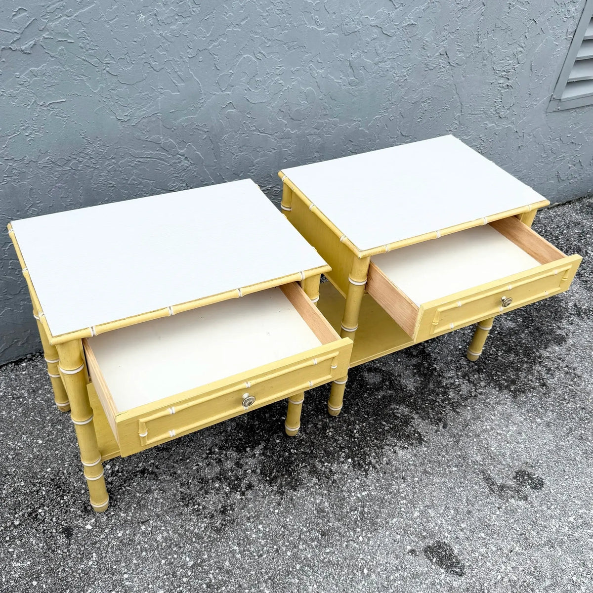 Pair of Faux Bamboo Nightstands Attributed to Thomasville Dolphin & Flamingo