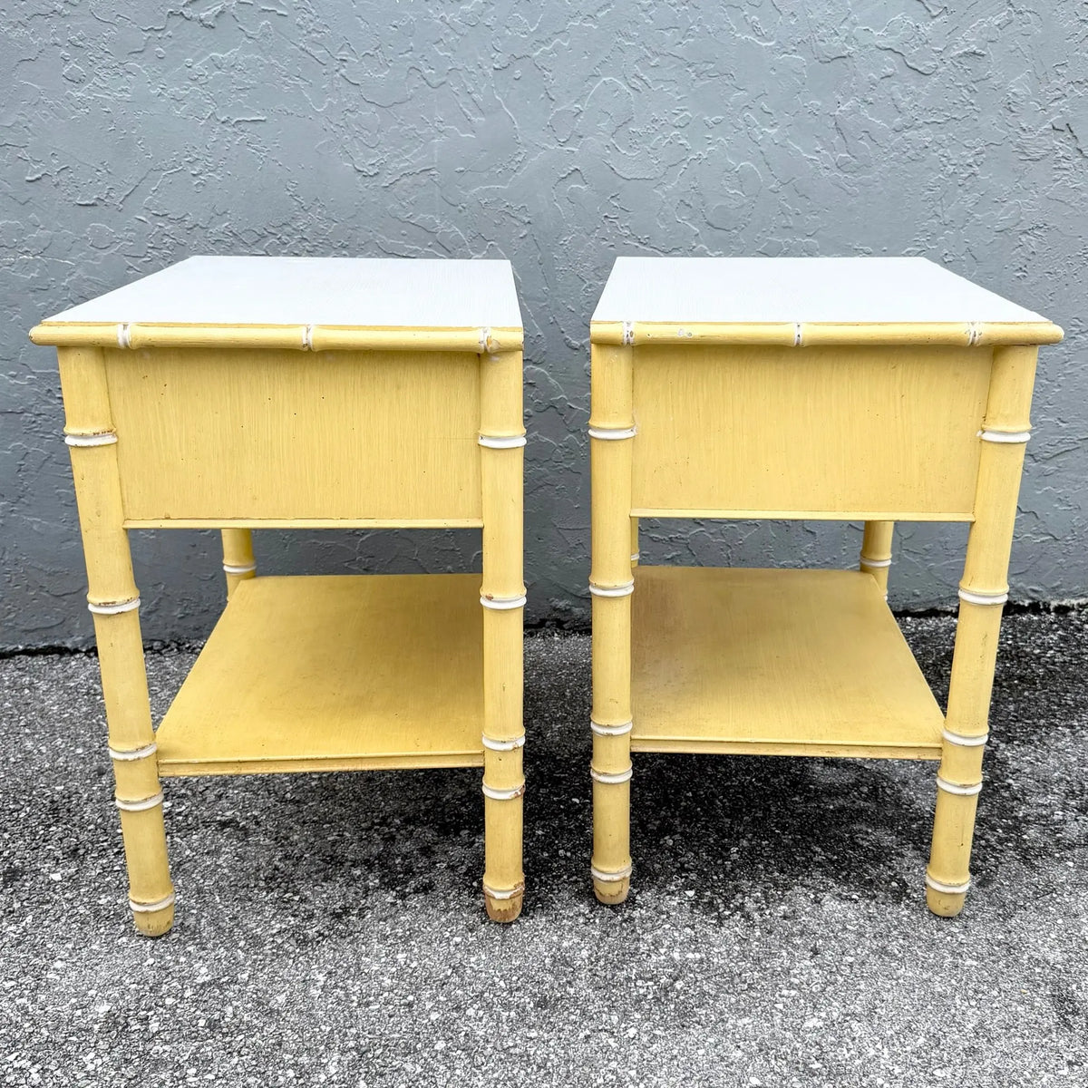 Pair of Faux Bamboo Nightstands Attributed to Thomasville Dolphin & Flamingo