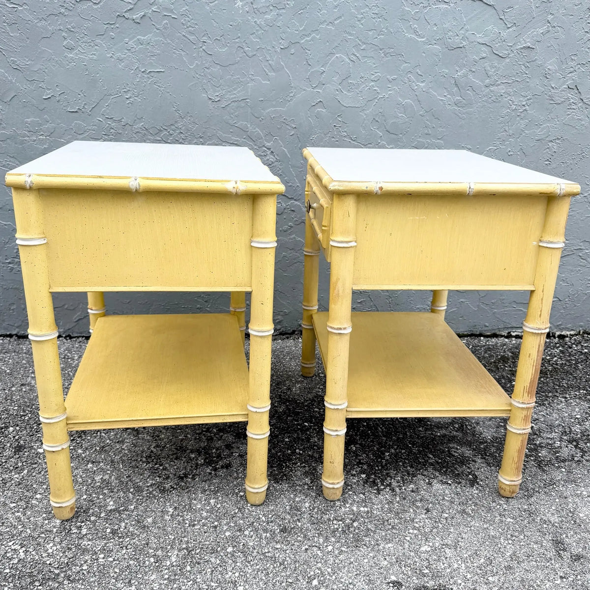 Pair of Faux Bamboo Nightstands Attributed to Thomasville Dolphin & Flamingo