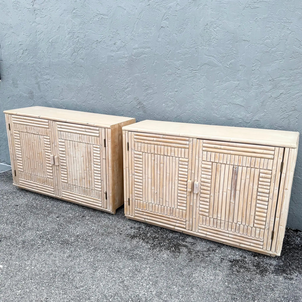 Pair of Rattan Credenzas with Left and Right Decorative Sides Dolphin & Flamingo