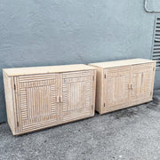 Pair of Rattan Credenzas with Left and Right Decorative Sides Dolphin & Flamingo