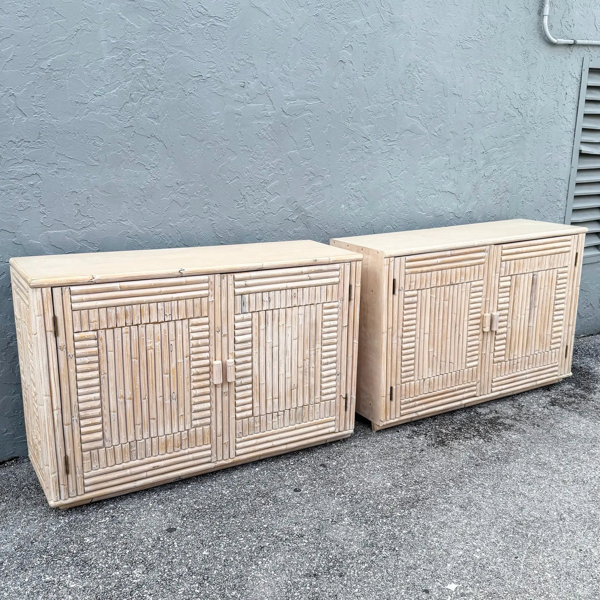 Pair of Rattan Credenzas with Left and Right Decorative Sides Dolphin & Flamingo