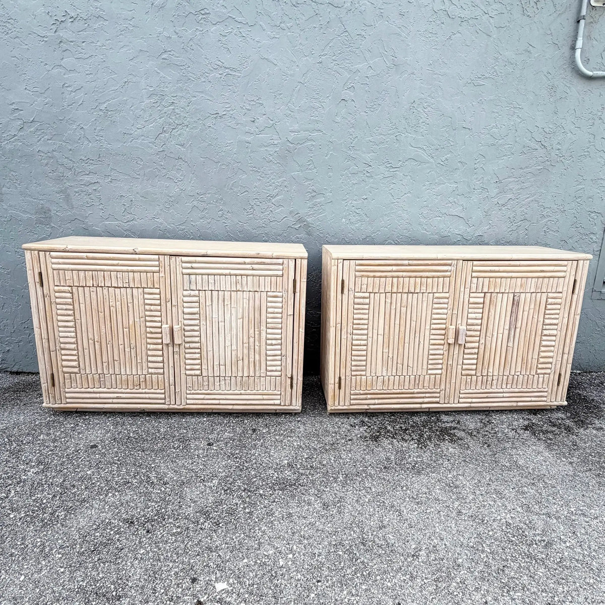 Pair of Rattan Credenzas with Left and Right Decorative Sides Dolphin & Flamingo