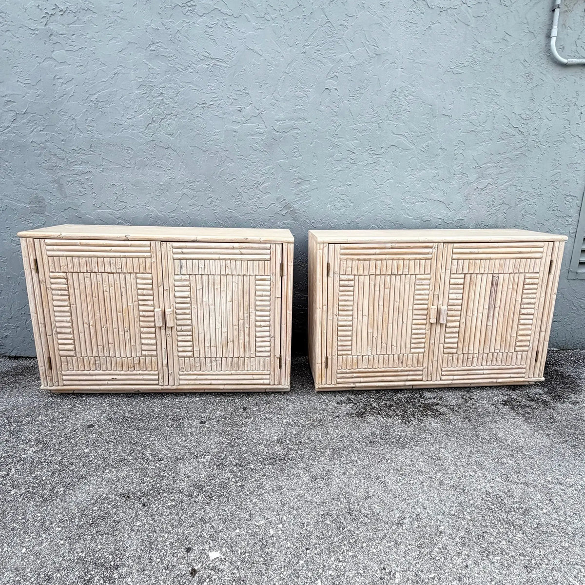 Pair of Rattan Credenzas with Left and Right Decorative Sides Dolphin & Flamingo