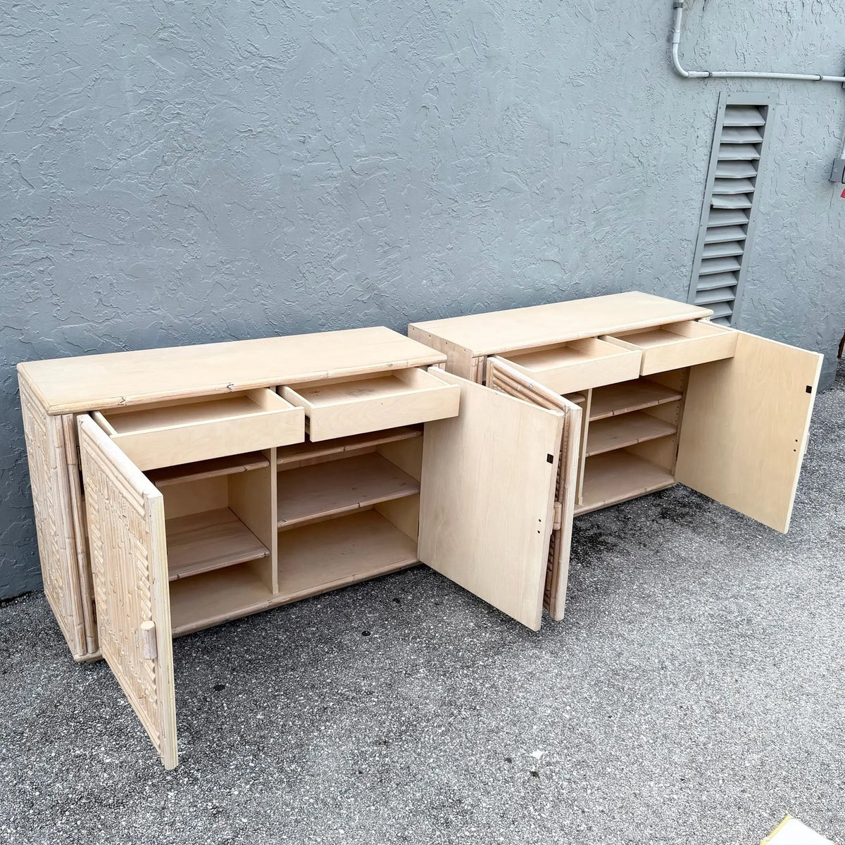 Pair of Rattan Credenzas with Left and Right Decorative Sides Dolphin & Flamingo