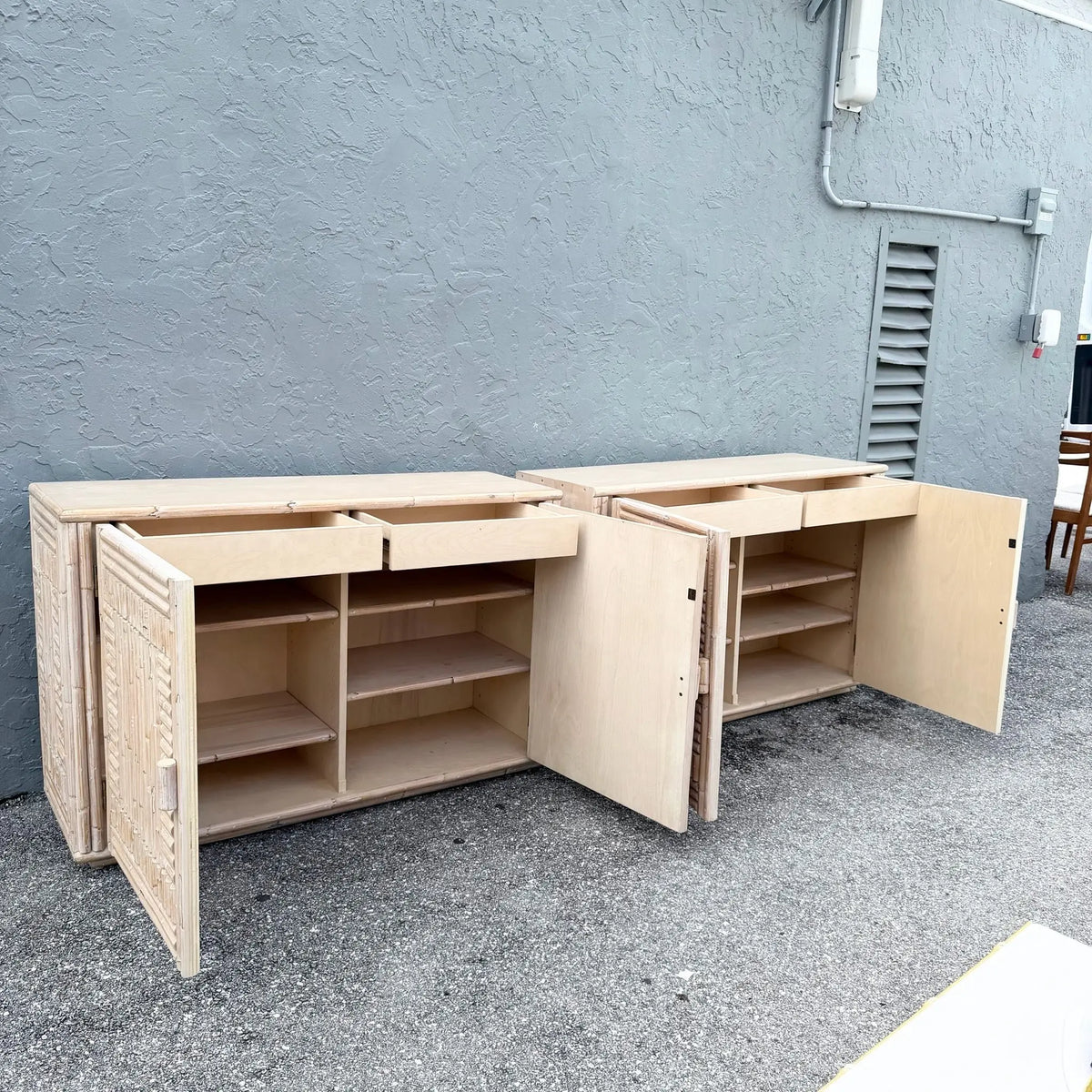 Pair of Rattan Credenzas with Left and Right Decorative Sides Dolphin & Flamingo