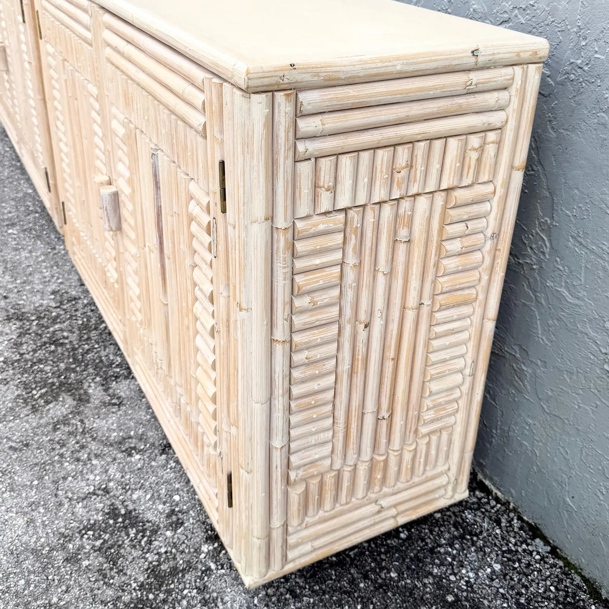 Pair of Rattan Credenzas with Left and Right Decorative Sides Dolphin & Flamingo
