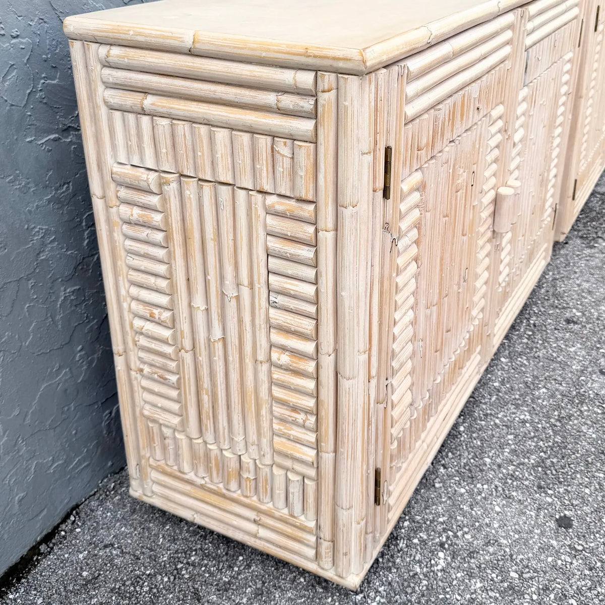 Pair of Rattan Credenzas with Left and Right Decorative Sides Dolphin & Flamingo