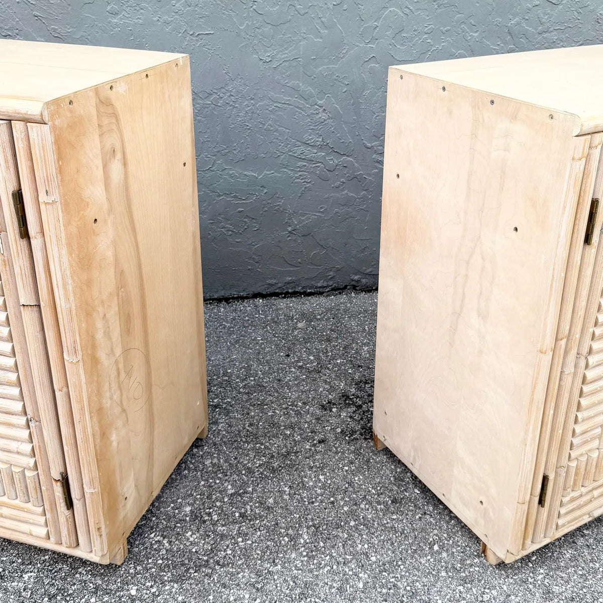 Pair of Rattan Credenzas with Left and Right Decorative Sides Dolphin & Flamingo