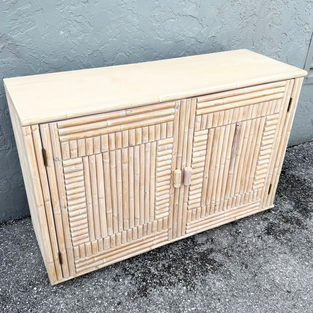 Boho Chic Rattan Credenza with Decorative Right Side Dolphin & Flamingo