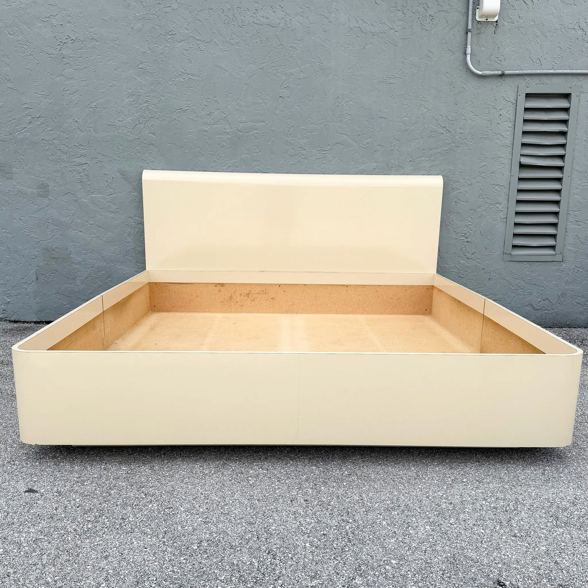 Postmodern Cream Lacquer Laminate King Size Bed Frame Dolphin & Flamingo