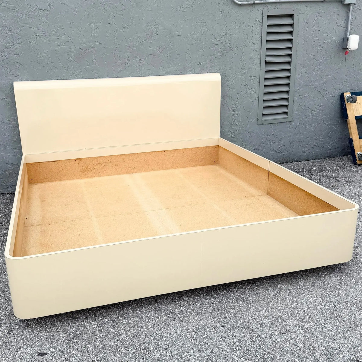 Postmodern Cream Lacquer Laminate King Size Bed Frame Dolphin & Flamingo